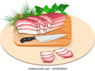 flaky lard on a board with a knife and greens. 
 Made in cartoon flat style