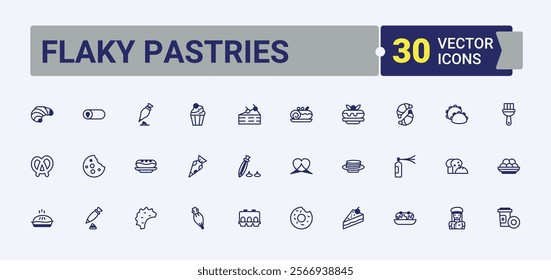 Flaky Pastries linear icon collection. Includes thin line dough, birthday, bakery, dessert, baker, pie and more. Collection for mobile and web apps. Outline and solid pictogram.