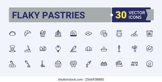 Flaky Pastries linear icon collection. Includes thin line dough, birthday, bakery, dessert, baker, pie and more. Collection for mobile and web apps. Outline and solid pictogram.