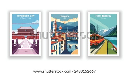 Flam Railway, Norway. Florence, Italy. Forbidden City, Beijing, China - Set of 3 Vintage Travel Posters. Vector illustration. High Quality Prints