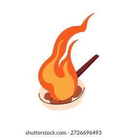Flambe cooking. Hot fire flame burning in skillet, frying pan. High temperature food preparation. Professional cook process, heat. Flat vector illustration isolated on white background