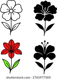 Flamboyant flower icon set illustration, in outline, silhouette and colored versions, for clipart or plant and flower themed designs