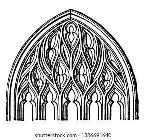 Flamboyant Tracery, Gothic architecture,  popular in France, the fourteenth to sixteenth centuries, vintage line drawing or engraving illustration.