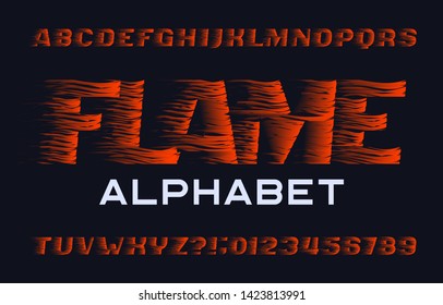 Flame alphabet font. Flame effect type letters and numbers on dark background. Stock vector typescript for your design.
