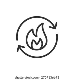 Flame with arrows, linear icon. Metabolism and energy renewal. Line with editable stroke.