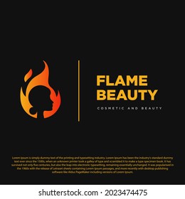Design-Vorlage für flammschönes Logo. Flame und Girl-Kopf-Symbol, Vektorgrafik für Kosmetik, Salon oder andere