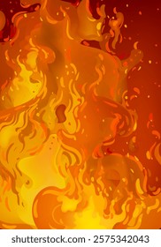 Flame, blaze, bonfire, fire sparks effect background on dark vector illustration design.