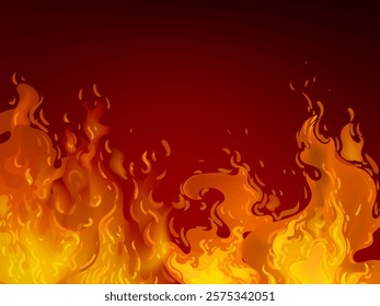 Flame, blaze, bonfire, fire sparks effect background on dark vector illustration design.