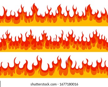 Flame borders. Fire blazing banner, heat burn wildfire silhouette flammable elements, hot flaming border isolated vector illustration set. Fire heat, hot border line, detailed raging flammable