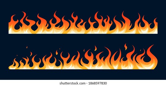 Flame borders set with horizontal seamless fire designs. Vector illustration isolated on a white background in cartoon style.