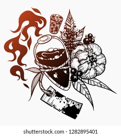 Flame bottle and flover. Vector illustration isolated. Tattoo design, magic symbol for your use.