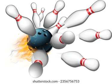 Una bola de bombo que gana una huelga con diez pines volando en todas direcciones