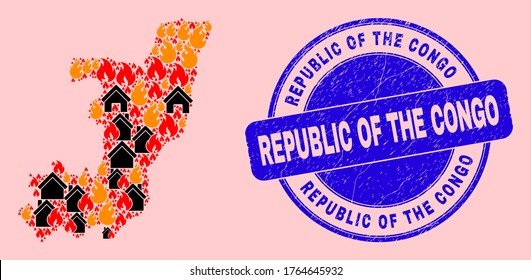 Flame and buildings collage Republic of the Congo map and Republic of the Congo unclean stamp imitation. Vector collage Republic of the Congo map is formed with randomized burning towns.
