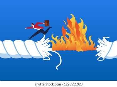 The flame burned the rope that the businessman marched