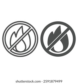 Flame, burning fire ban line and solid icon, prohibited elements concept. Vector graphics. Open fire flame forbidden sign on white background, outline style icon for mobile or web design