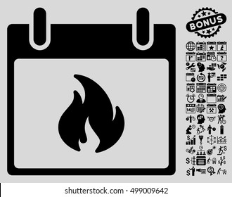 Flame Calendar Day icon with bonus calendar and time management symbols. Vector illustration style is flat iconic symbols, black, light gray background.