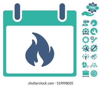 Flame Calendar Day icon with bonus service design elements. Vector illustration style is flat iconic symbols, cobalt and cyan, white background.