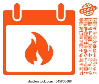 Flame Calendar Day icon with bonus calendar and time management design elements. Vector illustration style is flat iconic symbols, orange, white background.