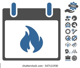 Flame Calendar Day icon with bonus options images. Vector illustration style is flat iconic symbols, cobalt and gray, white background.