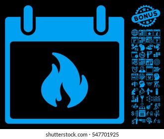 Flame Calendar Day icon with bonus calendar and time management images. Vector illustration style is flat iconic symbols, blue, black background.