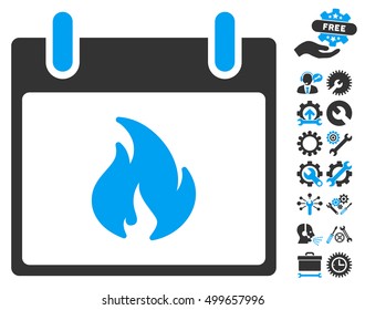 Flame Calendar Day pictograph with bonus settings clip art. Vector illustration style is flat iconic symbols, blue and gray, white background.