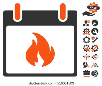 Flame Calendar Day pictograph with bonus setup tools icon set. Vector illustration style is flat iconic symbols, orange and gray, white background.