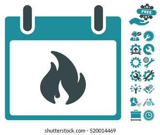 Flame Calendar Day pictograph with bonus setup tools symbols. Vector illustration style is flat iconic symbols, soft blue, white background.