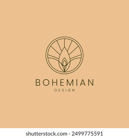 flame candle logo with lotus flower combination in circle shape bohemian line art design style