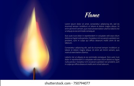 Flame from candle vector illustration poster with text isolated on blue background. Candlelight burning fire, orange lit in realistic design