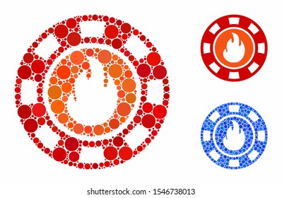Flame casino chip composition of small circles in different sizes and shades, based on flame casino chip icon. Vector random circles are combined into blue composition.