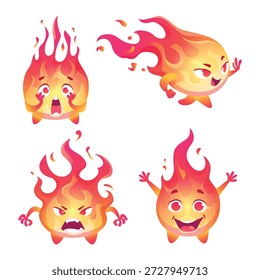 Flame character. Cartoon fire with funny emotional faces exact vector flame mascot