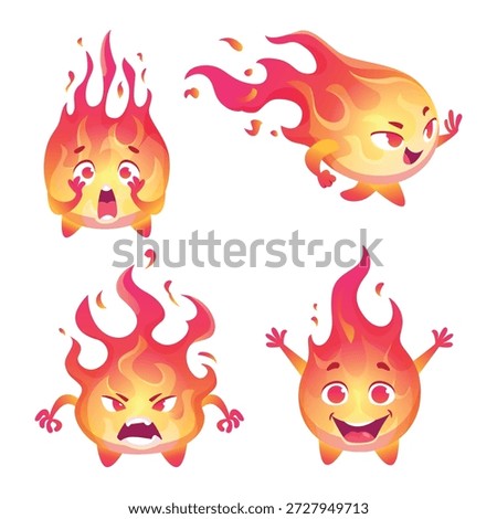 Flame character. Cartoon fire with funny emotional faces exact vector flame mascot