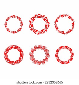 Flame circles set. Round fire frames for designs. Vector illustration isolated on a white background