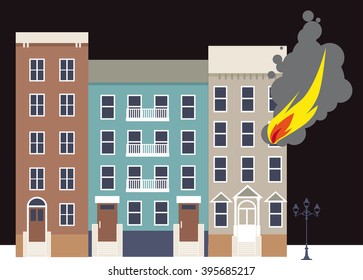 Flame coming out of a window of an apartment building in the city, EPS 8 vector illustration