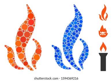 Flame composition of circle elements in variable sizes and color tones, based on flame icon. Vector circle elements are combined into blue mosaic. Dotted flame icon in usual and blue versions.