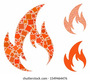 Flame composition of tuberous elements in different sizes and color hues, based on flame icon. Vector tuberous dots are combined into composition. Flame icons collage with dotted pattern.