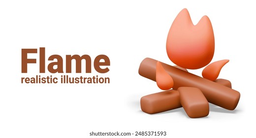 Flame concept. 3D bonfire in cartoon style. Wood logs are burning