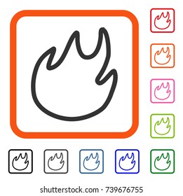 Flame Contour icon. Flat grey iconic symbol inside an orange rounded rectangular frame. Black, gray, green, blue, red, orange color additional versions of Flame Contour vector.