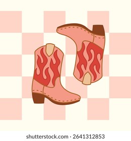 Flame cowboy boots illustration on checkers