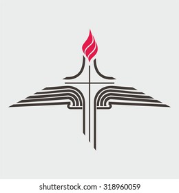 Flame, cross, and open Bible