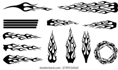 Flame decal. Fire abstract black silhouette flames for race car or tattoo. Tribal flame hotrod car vinyl decals and motorcycle airbrush stencil. Burning element vector set