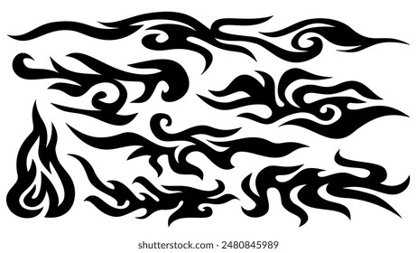 Flame decal. tribal fire symbol design. fire flame vector illustration. Tribal fire vinyl stickers for transportation. Burning element with curves for vehicle. y2k gothic flame stickers.