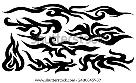 Flame decal. tribal fire symbol design. fire flame vector illustration. Tribal fire vinyl stickers for transportation. Burning element with curves for vehicle. y2k gothic flame stickers.