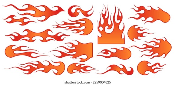 Flame decal. Tribal fire vinyl stickers for sport car or motorbike, hot tattoo vector illustration set. Flammable energy objects for car or motorcycle. Burning element with curves for vehicle