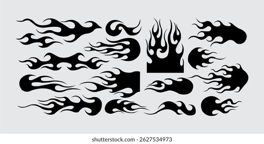Flame decal. Tribal fire vinyl stickers for sports car or motorbike, hot tattoo illustration set Pro Vector