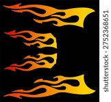 Flame decal vector set with bold yellow, orange, and red gradients. Perfect for racing graphics, car decals, hot rod designs, motorsport themes, stickers, and custom automotive artwork.