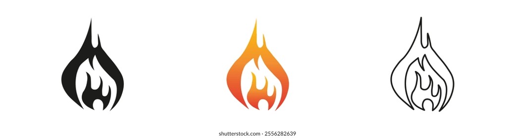 Flame designs in various colors and styles for creative use. Fire icon vector set. Flame icon collection. Fire flame symbol. Black, gradient, line set