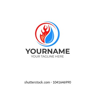 Flame And Drop Water, Cooling And Heating Logo Template. Plumbing, Heating, Gas Supply, Air Conditioner, Service And Repair Vector Design. Renewable Energy Source Illustration