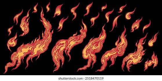 Flame Elements. Design set. Editable hand drawn illustration. Vector vintage engraving. Isolated on black background. 8 EPS