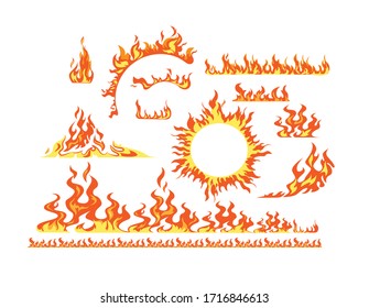 Flame elements flat icon kit. Cartoon symbol of fire and ignition vector illustration set. Horizontal pattern of blaze, hot igniting around wheel at white background